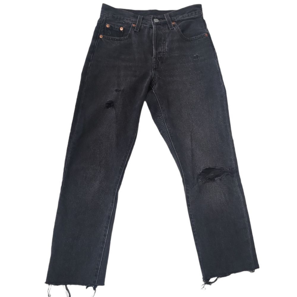 LEVI'S‎ Black 501 Skinny Distressed Raw Hem Jeans Denim Pants Size 23x28